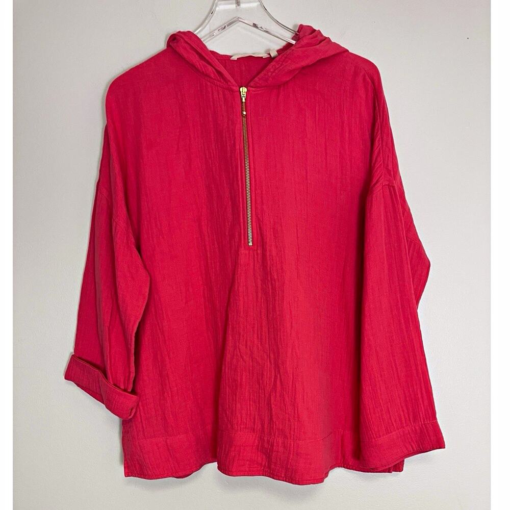 Soft Surroundings Coral Hooded Half Zip Woven 100% Cotton Gauze Pullover Size XL